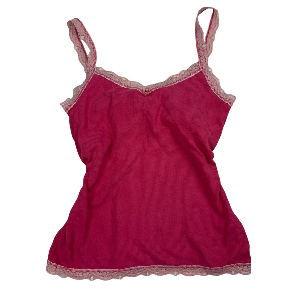 Vintage Hollister Lace Trim Cami Tank Top Magenta Pink Y2K Bow Sz L Babydoll